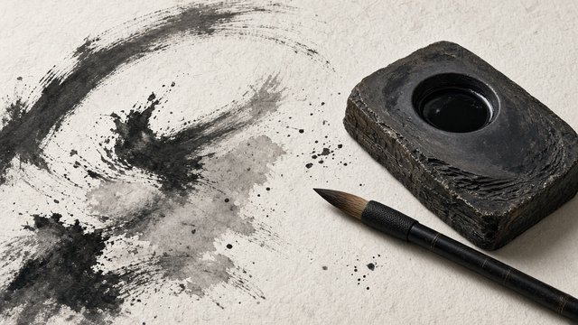 Ink brush, inkstone and abstract black ink strokes on blank rice paper, zen desk, original AI hobby wallpaper
