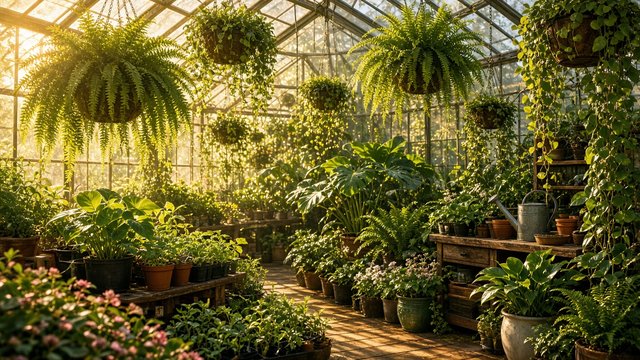 Bright greenhouse full of plants, seedlings and hanging ferns, warm sunlight, original AI hobby wallpaper