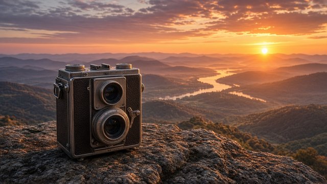 Unbranded vintage camera on a rock overlooking a sunset valley, original AI hobby wallpaper