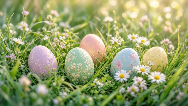 Pastel painted eggs nestled in spring grass with daisies, soft morning light, original AI holiday wallpaper