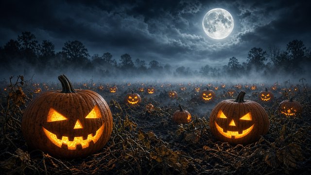 Glowing carved jack-o-lanterns in a misty pumpkin patch under a full moon, original AI holiday wallpaper