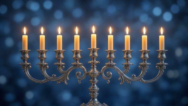 Row of nine glowing candles on a silver candelabra with soft blue bokeh background, original AI holiday wallpaper