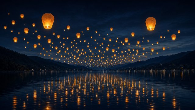 Hundreds of glowing sky lanterns floating over a lake at night, festival mood, no writing, original AI holiday wallpaper