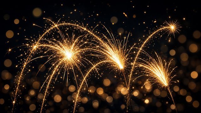 Bright sparklers drawing light trails against a dark night sky with golden bokeh, original AI holiday wallpaper