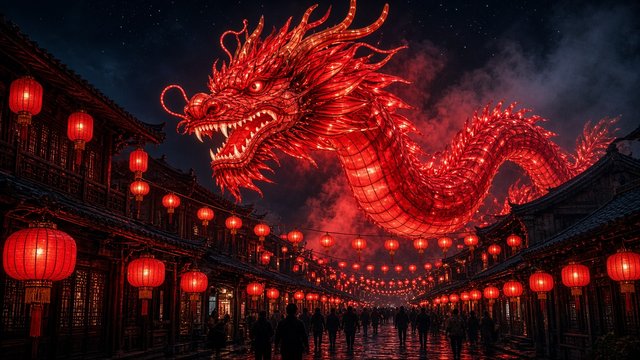 Giant glowing red dragon lantern above a street strung with paper lanterns at night, original AI holiday wallpaper