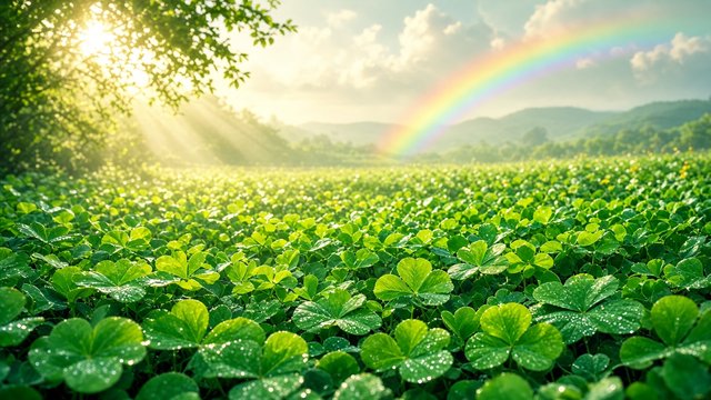 Lush field of green shamrock clovers with sunlight and a soft rainbow in the distance, original AI holiday wallpaper