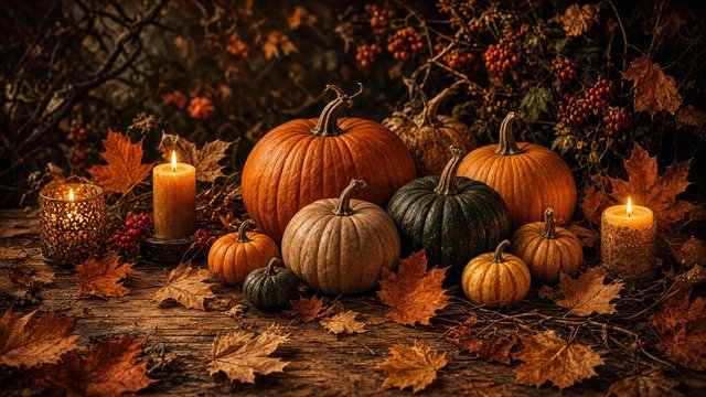 Table with pumpkins, autumn leaves and glowing candles, warm cozy harvest evening, original AI holiday wallpaper