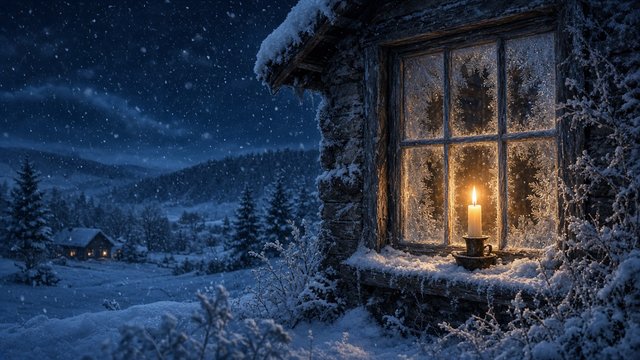 Single candle glowing in a frosty cottage window with snow falling outside on a quiet winter night, original AI holiday wallpaper