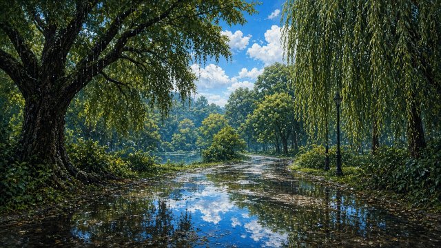 Wet park path with puddles reflecting a clearing blue sky and dripping trees after rain, original AI mood wallpaper