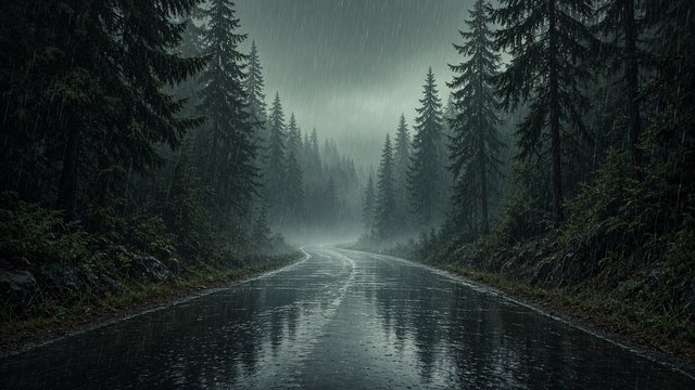 Wet empty road through dark misty forest during rain, reflections on asphalt, moody green-grey, original AI mood wallpaper
