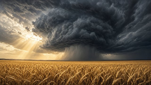 Huge dark supercell storm cloud towering over a golden wheat field with sunlight breaking through, original AI mood wallpaper