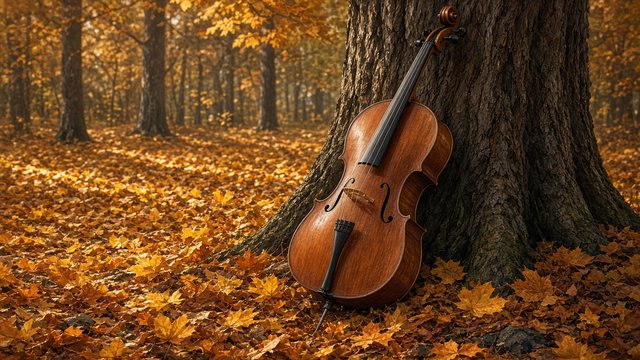 Wooden cello leaning against a tree surrounded by fallen golden autumn leaves, original AI music wallpaper