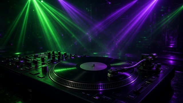 Unbranded DJ turntable setup under sweeping green and purple laser lights, no people, original AI music wallpaper