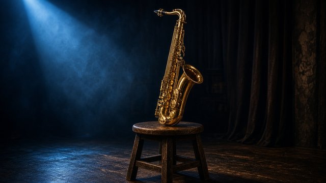 Golden saxophone resting on a stool on a small stage in a dim smoky jazz club with blue spotlight, original AI music wallpaper