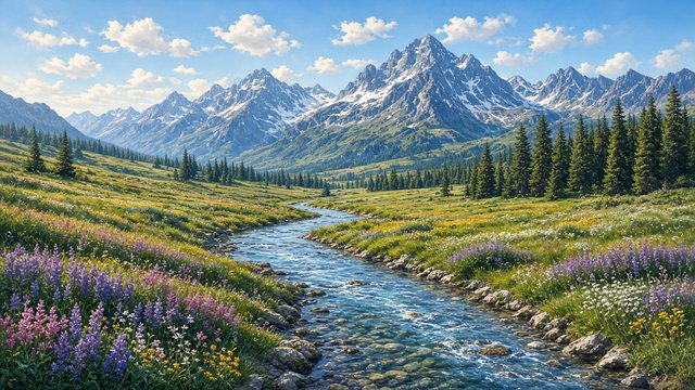 Clear meandering stream through a flowered alpine meadow with mountains behind, bright morning, original AI nature wallpaper