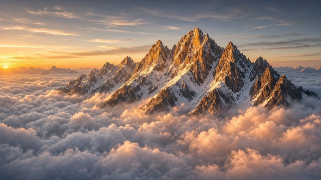 Landscape photograph of jagged snow-capped alpine peaks glowing gold at sunrise above a sea of clouds, original AI nature wallpaper