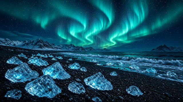 Glittering ice chunks on a black sand beach under a dancing teal aurora, arctic night, original AI nature wallpaper