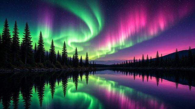Bright green and pink aurora reflected in a calm black lake, silhouetted spruce trees on the shore, original AI nature wallpaper