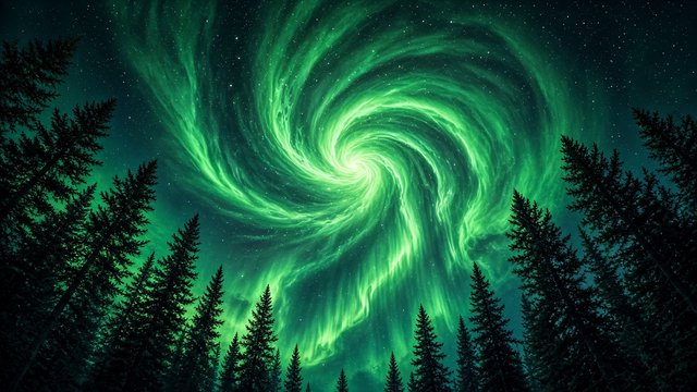 Looking straight up at a swirling green aurora corona bursting overhead, framed by tall dark pine tops, original AI nature wallpaper