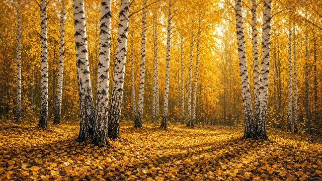 White birch trunks rising from a carpet of golden fallen leaves in a glowing autumn forest, original AI nature wallpaper