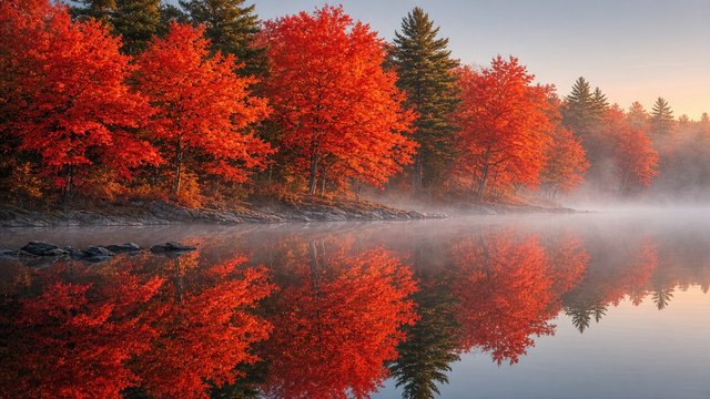 Blazing red and orange maple trees reflected perfectly in a calm lake on a crisp autumn morning with light fog, original AI nature wallpaper