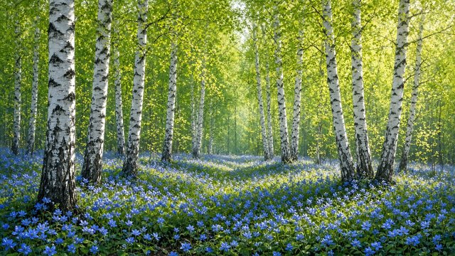 White birch trunks with fresh bright green spring leaves, carpet of small blue wildflowers, soft sunlight, original AI nature wallpaper