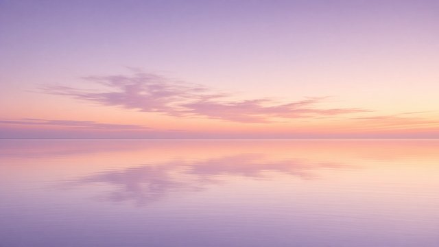 Minimal calm ocean at dawn, glassy water reflecting soft lavender and peach sky, single distant horizon line, original AI nature wallpaper