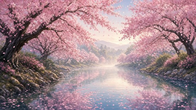 Pink cherry blossom trees arching over a calm river, petals floating on the water, soft spring light, original AI nature wallpaper