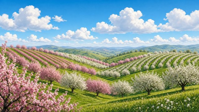 Rolling green hills covered in rows of blooming white and pink fruit trees under a bright spring sky with fluffy clouds, original AI nature wallpaper