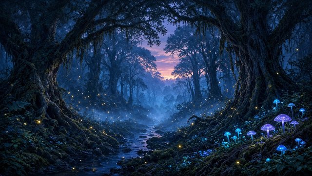 Ancient forest at twilight with tiny glowing fireflies and soft bioluminescent mushrooms, mist, deep blue tones, original AI nature wallpaper