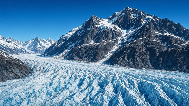 Huge blue-white glacier flowing beneath a towering dark mountain wall, crevasses, crisp clear sky, epic scale landscape, original AI nature wallpaper