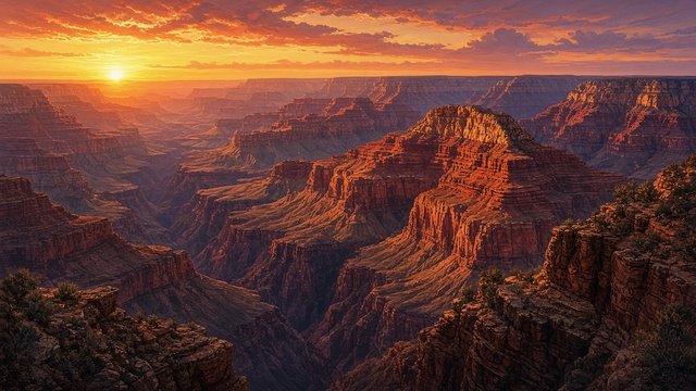 Vast layered red rock canyon seen from the rim at sunset, deep shadows and glowing orange cliffs stretching to the horizon, original AI nature wallpaper