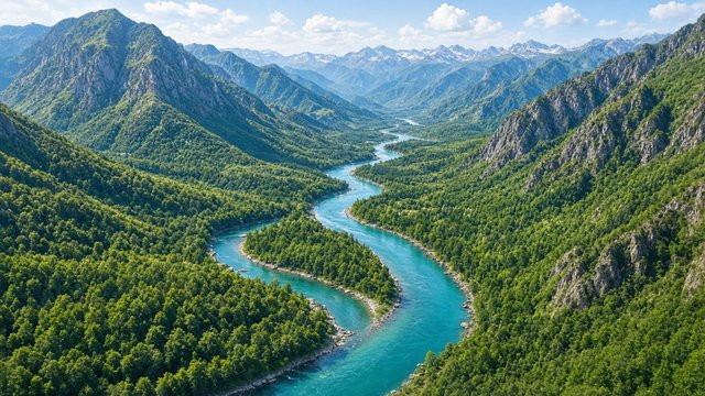 Aerial view of a turquoise river meandering through a lush green mountain valley in summer, original AI nature wallpaper
