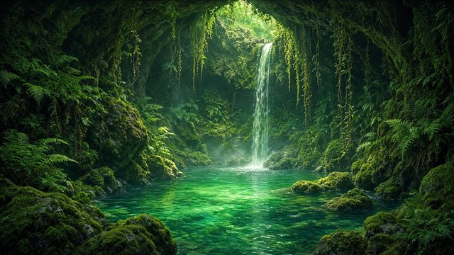 Slender waterfall pouring into a hidden emerald pool inside a grotto draped with lush ferns and moss, soft green light, original AI nature wallpaper
