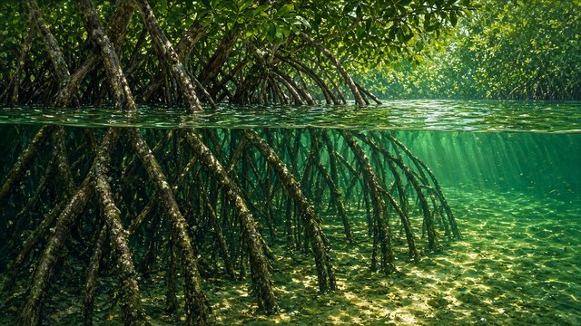 Tangled mangrove roots in crystal clear shallow green water, half underwater view, original AI nature wallpaper