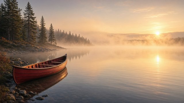 Empty red wooden canoe resting on a misty glassy lake at dawn, soft golden light through fog, pine shoreline, original AI nature wallpaper