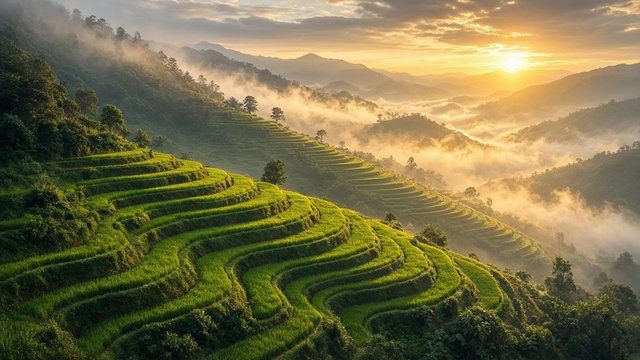 Curving green rice terraces stepping down a mountainside with golden sunrise light breaking through drifting mist, original AI nature wallpaper