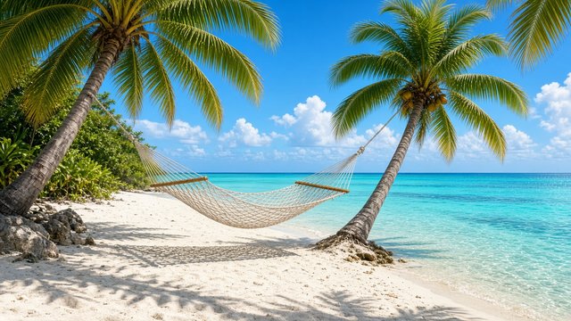 Empty hammock strung between leaning palm trees over white sand and clear turquoise water on a sunny day, original AI nature wallpaper