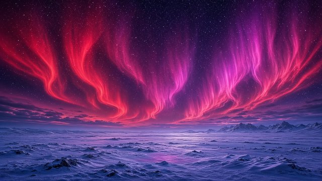 Rare crimson and magenta aurora filling the whole sky above a quiet snowy tundra, starry, wide angle, original AI nature wallpaper