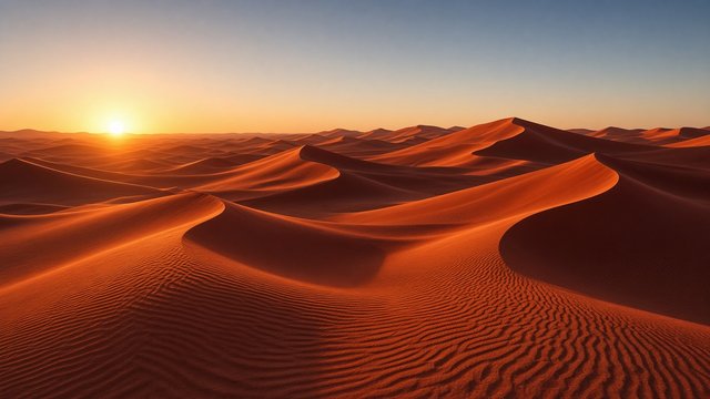 Rippled red-orange sand dunes with sharp crests and deep shadows at sunrise, clear sky, minimal, original AI nature wallpaper