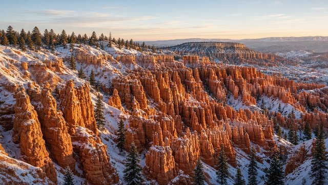 Vast amphitheater of orange sandstone hoodoo spires lightly dusted with fresh snow, first warm sunrise light, pine trees on the rim, pale blue sky, original AI nature wallpaper