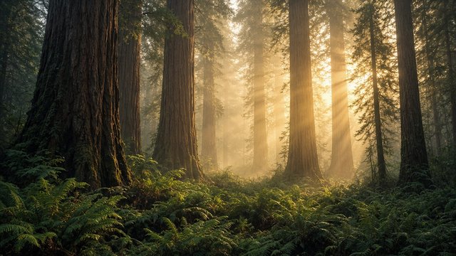 Towering giant redwood-like trees with golden sunbeams streaming through morning fog, ferns on the forest floor, original AI nature wallpaper