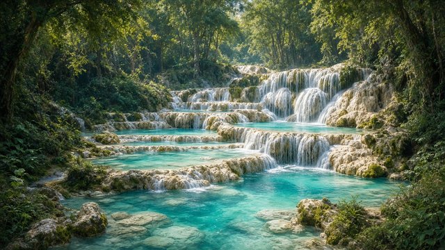Cascading tiered waterfalls over travertine steps into turquoise pools surrounded by forest, original AI nature wallpaper