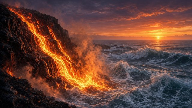 Glowing orange lava flow pouring into crashing ocean waves with billowing steam at dusk, original AI nature wallpaper
