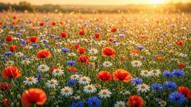 Endless meadow of poppies, daisies and cornflowers glowing in golden hour light, soft bokeh, original AI nature wallpaper