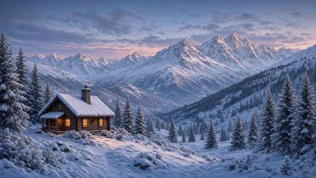 Small log cabin with warm lit windows in a deep snowy valley surrounded by frosted pines and white mountains at dusk, original AI nature wallpaper