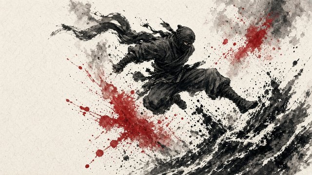Traditional sumi-e black ink wash painting of an original ninja mid-leap with splashes of red, cream paper, no characters, original AI ninja wallpaper
