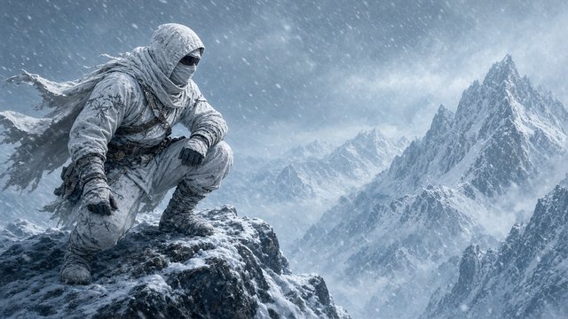 Original adult ninja in white winter gear crouching on a snowy mountain ridge, blizzard, icy blue tones, original AI ninja wallpaper
