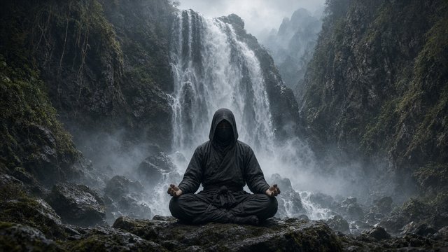 Original adult ninja in a plain dark cloth hood and face wrap, no headband or forehead plate, meditating cross-legged under a mountain waterfall, mist and spray, serene training scene, original AI ninja wallpaper