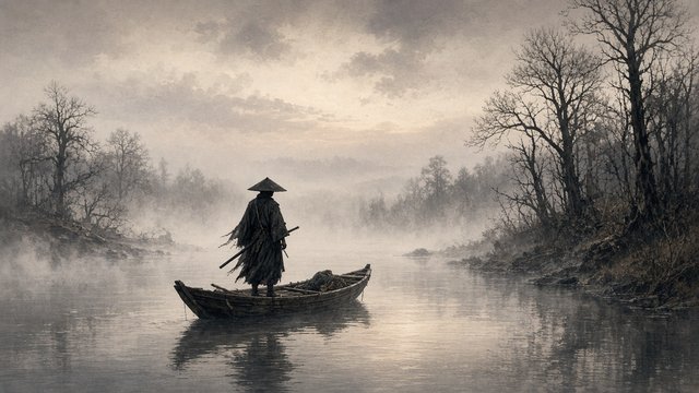 Lone adult ronin samurai in a straw hat standing in a small wooden boat drifting on a misty river at dawn, bare trees on the banks, muted ink-like tones, original AI ninja wallpaper